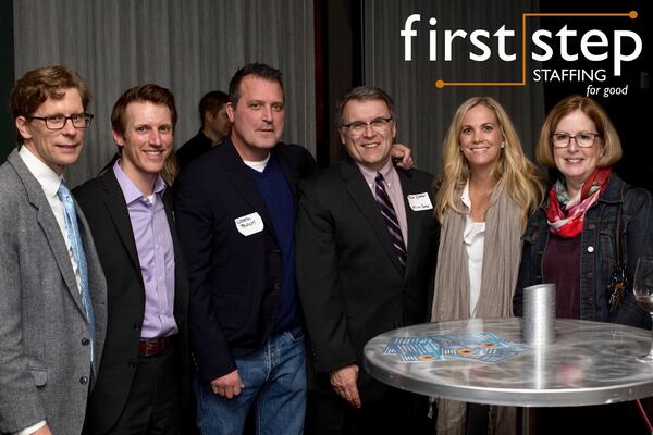 Greg Block, third from left, celebrates the expansion of the nonprofit he founded, First Step Staffing, which put homeless people and others with challenges into jobs. (Left to right) Paul Schroeder, guest speaker, Brian Goebel, board member of First Step, Greg Block,, Dave Shaffer, CEO of First Step, Monica Block, wife of Greg Block, and Jean Shaffer, wife of Dave Shaffer. Contributed/Ian Palmer