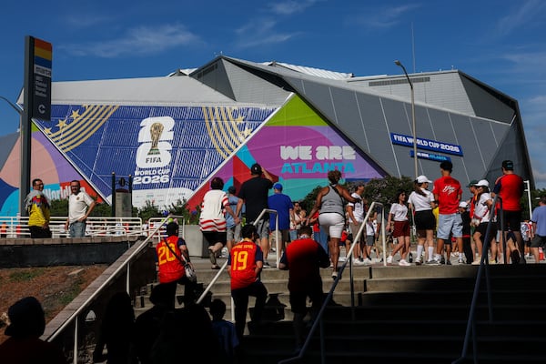 Soccer fans walk toward Atlanta Stadium for the FIFA World Cup match between Spain and Cape Verde on Monday, June 15, 2026. (Arvin Temkar/AJC)