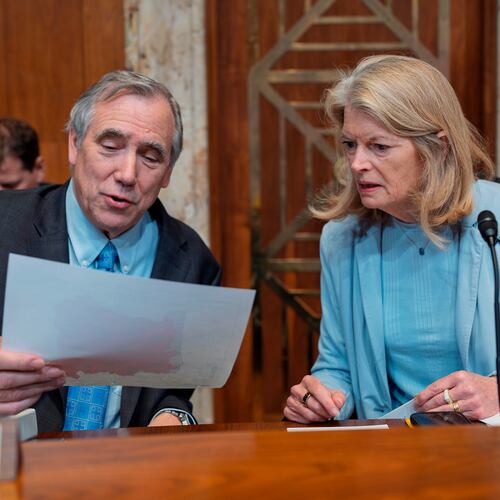 Sen. Jeff Merkley, D-Ore., the ranking member, and Sen. Lisa Murkowski, R-Alaska, chair of the Senate Appropriations Subcommittee on Interior, Environment, and Related Agencies, prepare to hear from U.S. Forest Service Chief Tom Schultz on his 2027 budget request, at the Capitol in Washington, Thursday, April 30, 2026. (AP Photo/J. Scott Applewhite)