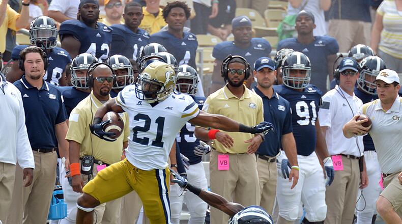 Georgia Tech's Charles Perkins (21) was limited after an injury in Saturday's win over Georgia Southern at Bobby Dodd Stadium in Atlanta.