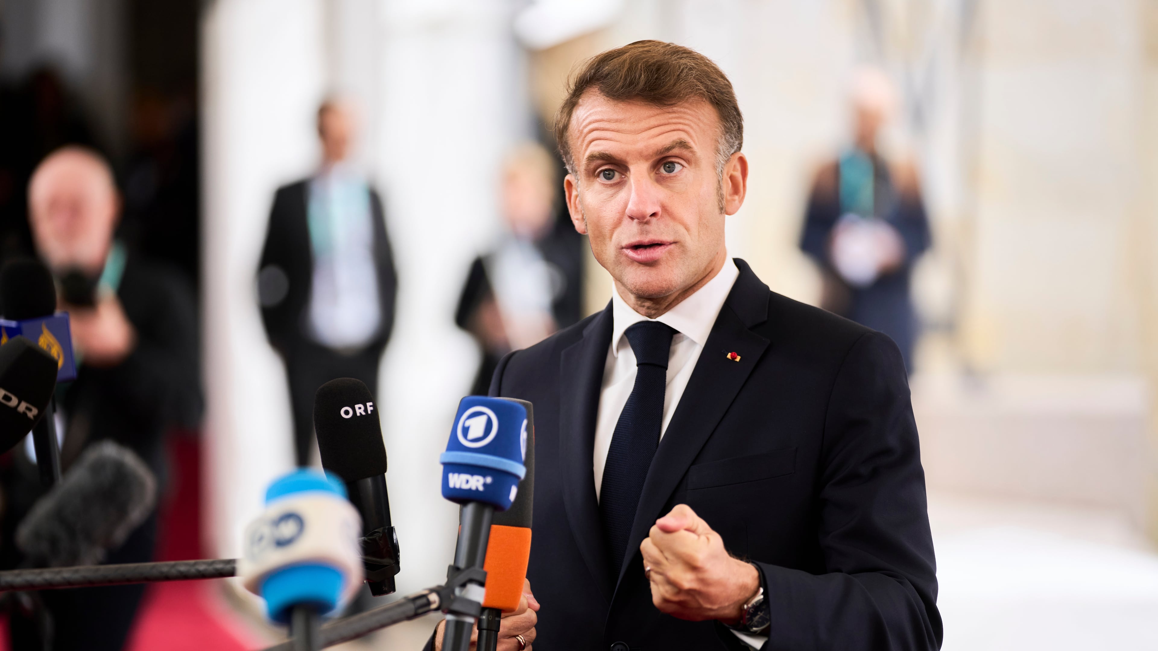 French President Emmanuel Macron arrives at an informal summit in the Danish parliament at Christiansborg Castle in Copenhagen, Wednesday, Oct. 1, 2025. (Thomas Traasdahl/Ritzau Scanpix via AP)