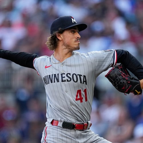Twins starting pitcher Joe Ryan — pictured against the Braves in June 2023 — could be a trade target for Atlanta. Ryan is 5-4 with a 3.18 ERA and 108 strikeouts to 19 walks. (John Bazemore/AP)