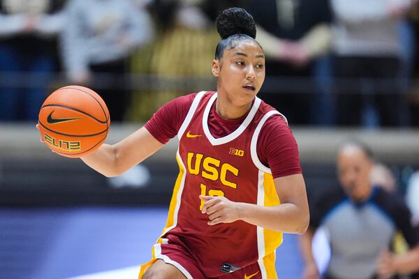 FILE - USC guard JuJu Watkins (12) plays against Purdue during the first half of an NCAA college basketball game in West Lafayette, Ind., Wednesday, Jan. 22, 2025. (AP Photo/Michael Conroy, File)