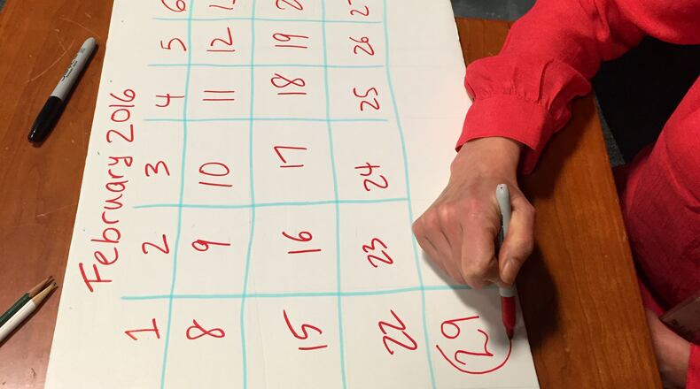 A homemade February 2016 calendar illustrates leap year. Feb. 29 is that extra day that rolls around every four years. (AP Photo/Leanne Italie)