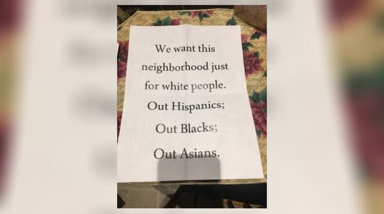 Several residents in The Cottages at Abernathy Farm neighborhood received this racist letter through the United States Postal Service. Credit: Rev. Donald Moore