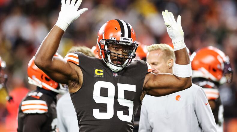 Myles Garrett of the Cleveland Browns reacts during the fourth quarter against the Pittsburgh Steelers at FirstEnergy Stadium on Sept. 22, 2022, in Cleveland, Ohio. (Gregory Shamus/Getty Images/TNS)