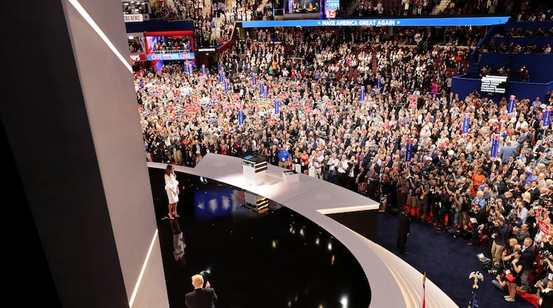 Presumptive Republican presidential nominee Donald Trump reacts to his wife Melania after she delivered a speech on the first day of the Republican National Convention on Monday at the Quicken Loans Arena in Cleveland. Chip Somodevilla/Getty Images