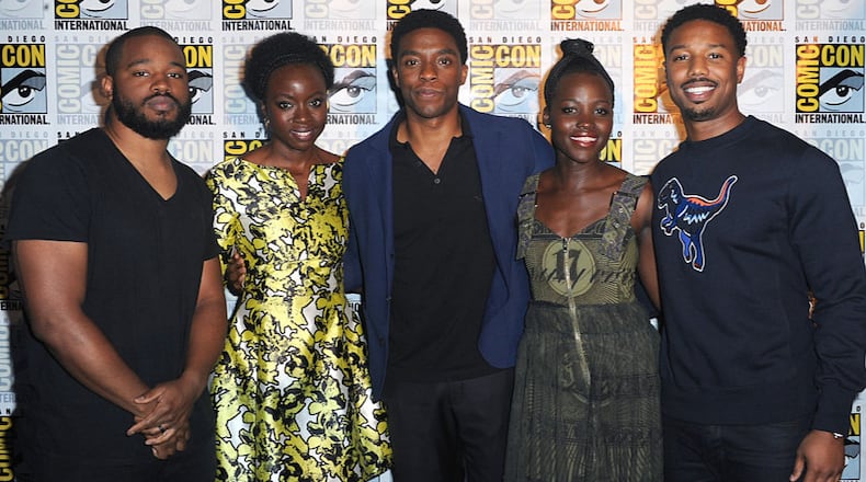 SAN DIEGO, CA - JULY 23:  (L-R) Director Ryan Coogler, actors Danai Gurira, Chadwick Boseman, Lupita Nyong'o, and Michael B. Jordan of 'Black Panther' attend the Marvel Studios presentation during Comic-Con International 2016 at San Diego Convention Center on July 23, 2016 in San Diego, California.  (Photo by Albert L. Ortega/Getty Images)