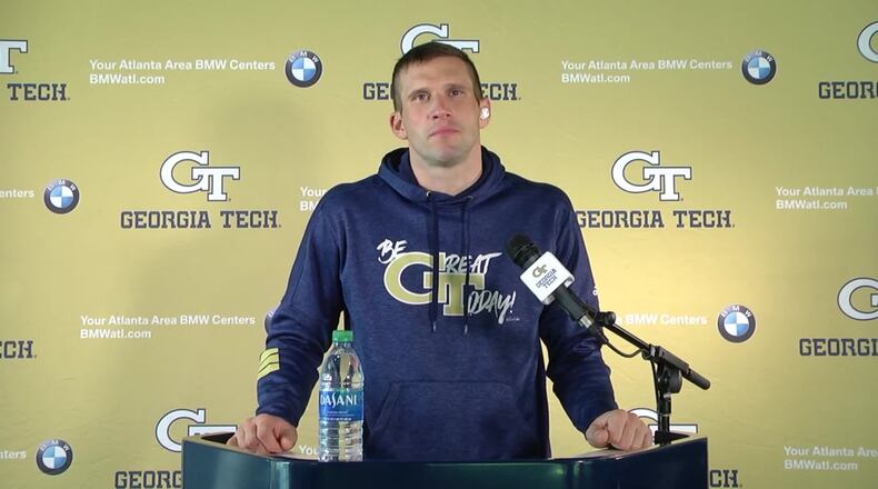 Georgia Tech defensive coordinator Andrew Thacker addresses media Tuesday, Sept. 1, 2020, in Atlanta.