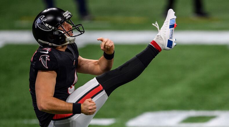 Sterling Hofrichter punts for the Falcons against the New Orleans Saints, Sunday, Dec. 6, 2020, at Mercedes-Benz Stadium in Atlanta. (Danny Karnik/AP)