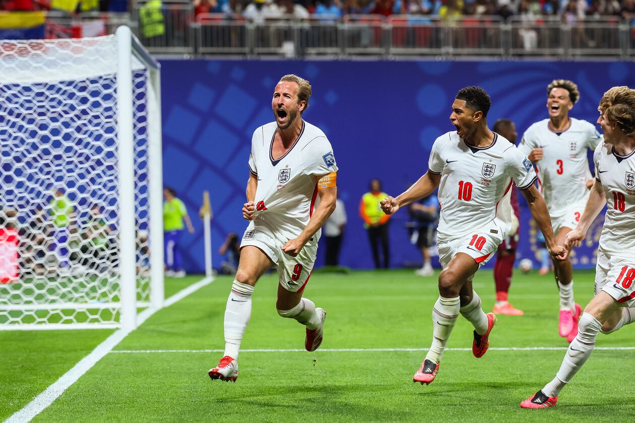 England forward Harry Kane (9) reacts after scoring against Congo during the second half of a FIFA World Cup round of 32 match at Atlanta Stadium (Mercedes-Benz Stadium) on Wednesday, July 1, 2026, in Atlanta. England defeated Congo 2-1 to advance. (Jason Getz/AJC)