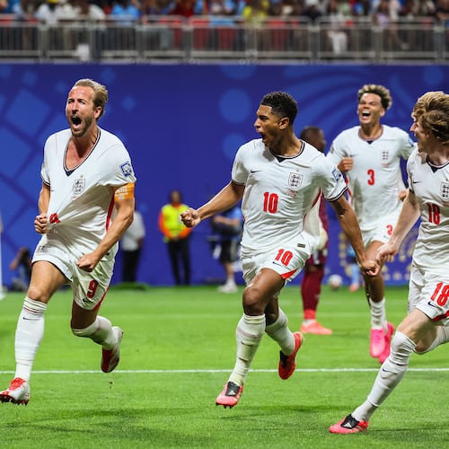 England forward Harry Kane (9) reacts after scoring against Congo during the second half of a FIFA World Cup round of 32 match at Atlanta Stadium (Mercedes-Benz Stadium) on Wednesday, July 1, 2026, in Atlanta. England defeated Congo 2-1 to advance. (Jason Getz/AJC)
