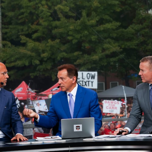 Former Penn State head coach James Franklin (left) talks with Nick Saban and Kirk Herbstreit during the ESPN College GameDay broadcast from Myers Quad at UGA on Saturday, October 18, 2025. (C.J. Bartunek for the AJC)