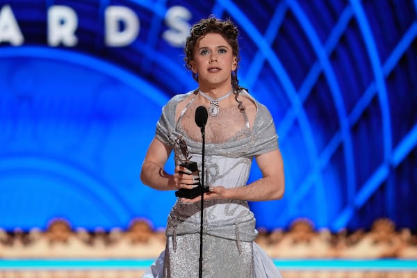 Cole Escola accepts the award for best performance by an actor in a leading role in a play for "Oh, Mary!" during the 78th Tony Awards on Sunday, June 8, 2025, at Radio City Music Hall in New York. (Photo by Charles Sykes/Invision/AP)