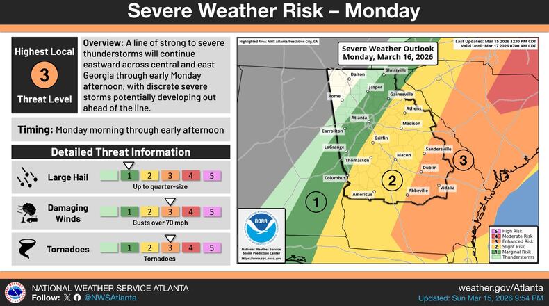 Severe storms are expected to hit Georgia starting late Sunday through early Monday morning. The orange portion of this National Weather Service map, updated just after 9 p.m. Sunday, shows the region under a level 3 of 5 risk for severe weather. The green portion, which includes the city of Atlanta, is under a 1 of 5 risk level. (Image from National Weather Service)