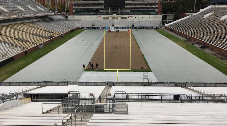 The center of Bobby Dodd Stadium's natural grass field was replaced with new sod on November 11-12, 2019 to prepare for three games in consecutive weeks. (Ken Sugiura/AJC)