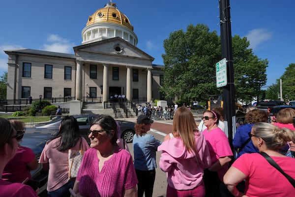 Supporters gather outside Norfolk Superior Court during the Karen Read trial, Monday, June 16, 2025, in Dedham, Mass. (AP Photo/Charles Krupa)