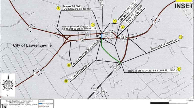 Lawrenceville is considering moving five state and U.S. highway routes away from downtown streets. The proposed changes would remove the designations for U.S. Highway 29 and GA Highway 8, 120, 20 and 124 from Pike and Crogan Streets to Jackson Street and Lawrenceville-Suwanee Road. Courtesy City of Lawrenceville