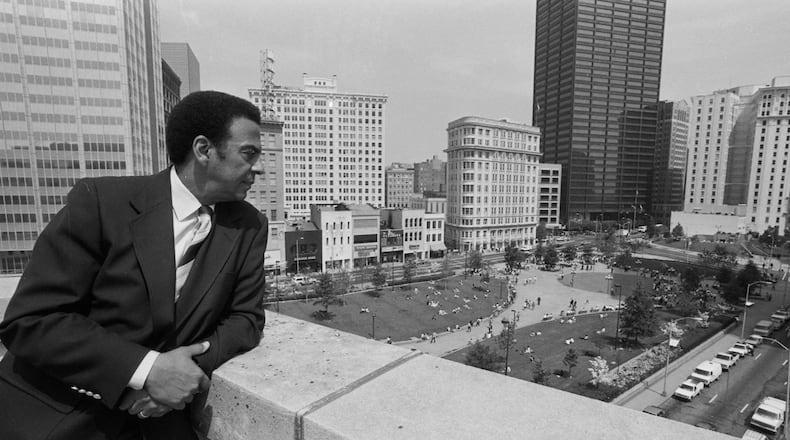 Mayor Andrew Young atop the 10 Park Place building, overlooking Woodruff Park, in Atlanta, Ga. on April 23, 1987. MANDATORY CREDIT: ANDY SHARP / THE ATLANTA JOURNAL-CONSTITUTION