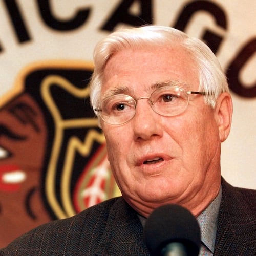 FILE - Bob Pulford answers questions, Dec. 2, 1999 in Chicago. (AP Photo/Fred Jewell, File)