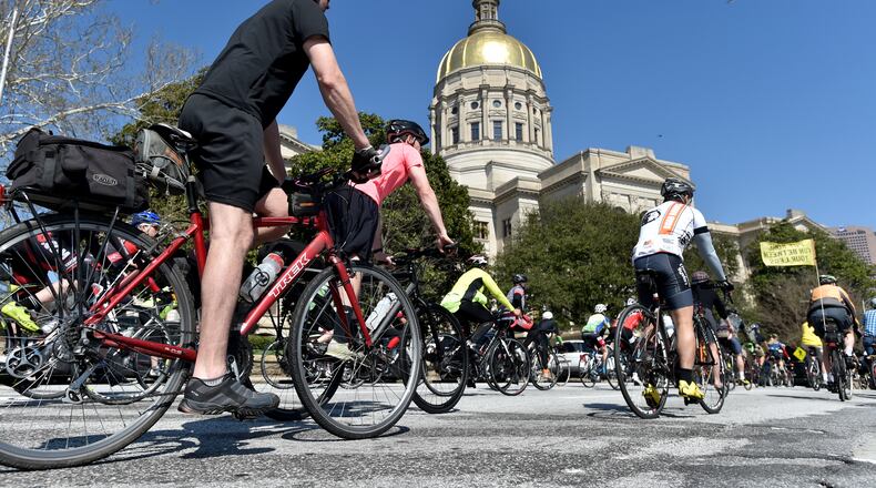 March 24, 2015 Atlanta: The 10th Annual Georgia Rides to the Capitol Tuesday March 24, 2015. An estimated 1000 bike riders took part in the annual event to raise support for a regional bike and pedestrian network linking metro Atlanta cities and creating cycling connections focused around major transit facilities, activity centers and schools. The ride originated in two locations, Roswell City Hall and s shorter route starting in Decatur. BRANT SANDERLIN/BSANDERLIN@AJC.COM