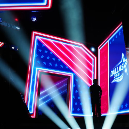 The stage is set at the Republican convention, Wednesday, Sept. 9, 2026, in Dallas. (AP Photo/Julia Demaree Nikhinson)
