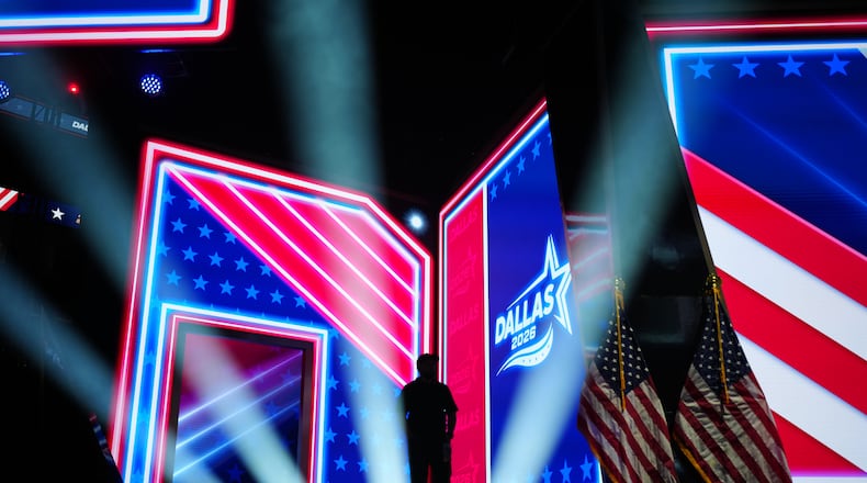 The stage is set at the Republican convention, Wednesday, Sept. 9, 2026, in Dallas. (AP Photo/Julia Demaree Nikhinson)