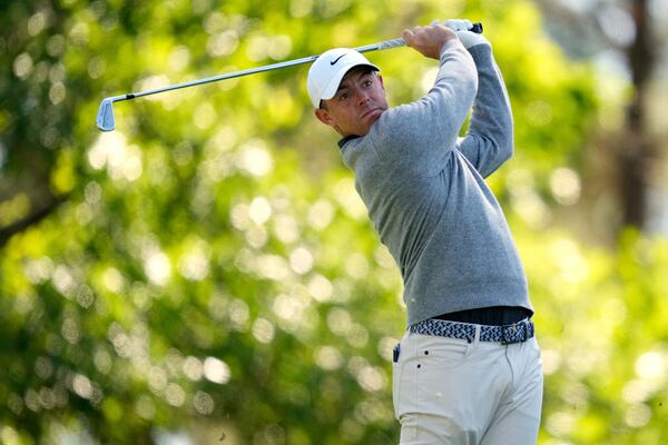 Rory McIlroy, of Northern Ireland, watches his tee shot on the fourth hole during the second round at the Masters golf tournament, Friday, April 11, 2025, in Augusta, Ga. (AP Photo/Julia Demaree Nikhinson)