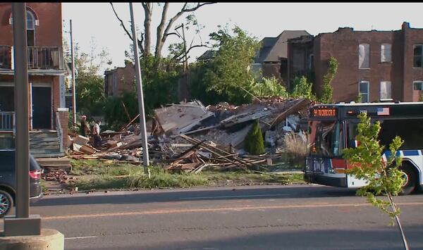 Debris covers the ground after a severe storm passed the area on Saturday, May 17, 2025 in St. Louis, Mo. ( KMOV via AP)