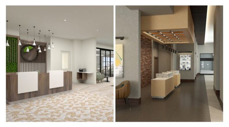 The Courtyard by Marriott Atlanta Midtown (right) will feature clean, casual décor and communal lobby spaces while The Element by Westin Atlanta Midtown will feature a nature-inspired motif. CONTRIBUTED