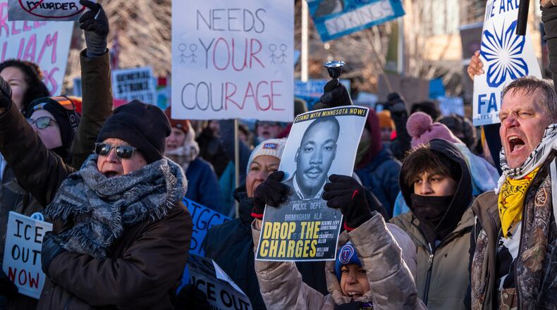 People gather in The Commons after a protest march, Friday, Jan. 30, 2026, in Minneapolis. (AP Photo/Alex Brandon)