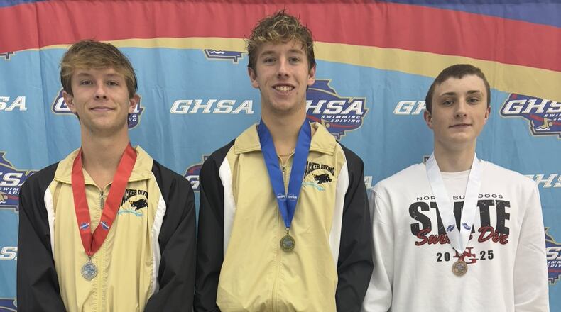 Colquitt County's Trip Gregory (from left), Colquitt County's Tuck Gregory and North Gwinnett's Miles Gravitt receive their medals for their top-three finishes in the Class 6A diving competition at Westminster on Feb. 4, 2025. (GHSA photo)