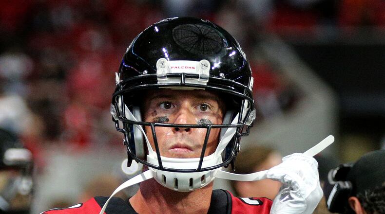 October 15, 2017 Atlanta: Falcons quarterback Matt Ryan appears stunned on the sidelines after throwing a interception to Miami in the final minute of the game after driving into field goal range to fall 20-17 in a NFL football game on Sunday, October 15, 2017, in Atlanta. Curtis Compton/ccompton@ajc.com