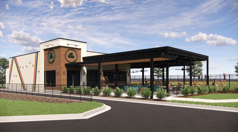 Rendering of Off Leash, a dog park and restaurant set to open in Decatur fall 2024.