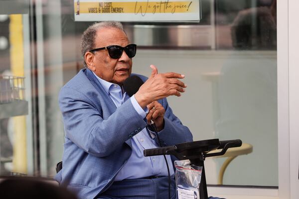Ambassador Andrew Young speaks to Cascade business owners and residents during a community meeting addressing damage from prolonged construction in the corridor on Tuesday, July 29, 2025. (Natrice Miller/AJC)