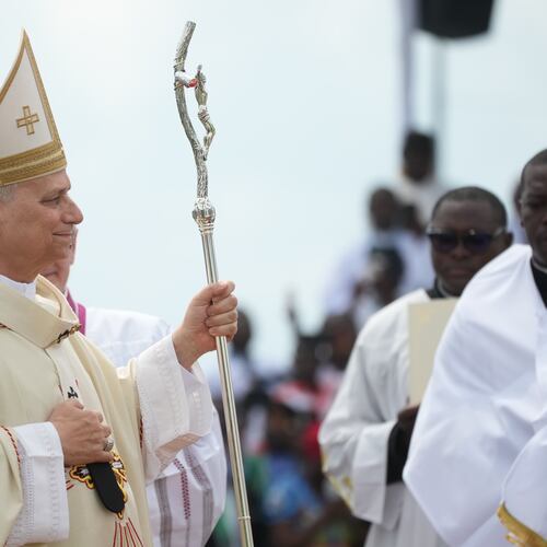 Pope Leo XIV arrives in procession to celebrate Mass at the Japoma Stadium, in Douala, Cameroon, Friday, April 17, 2026 on the fifth day of his 11-day pastoral visit to Africa. (AP Photo/Andrew Medichini)