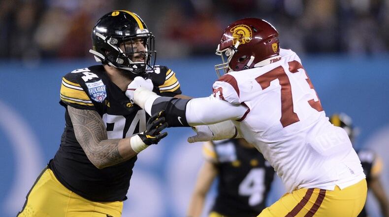 Iowa defensive end A.J. Epenesa, left, is blocked by Southern California offensive tackle Austin Jackson (73) during the first half of the Holiday Bowl NCAA college football game Friday, Dec. 27, 2019, in San Diego. (AP Photo/Orlando Ramirez)