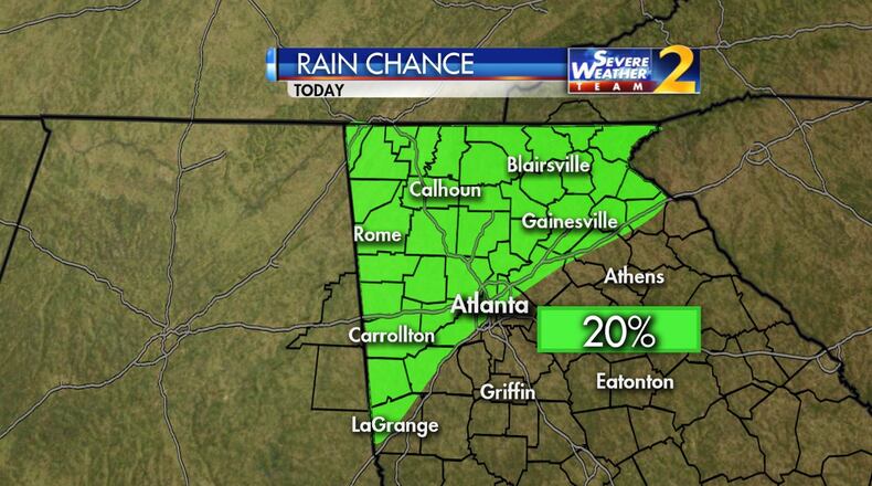 The best chance for rain this afternoon is along and northwest of I-85. (Credit: Channel 2 Action News)