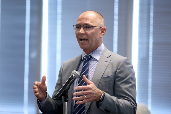 District 2 candidate Steve Knudsen speaks during a candidate forum for Gwinnett County School Board at the Gwinnett County Chamber of Commerce Wednesday, April 20, 2022, in Duluth, Ga. (Jason Getz / Jason.Getz@ajc.com)