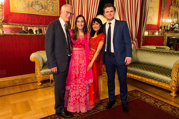 This 2024 photo provided by John Santoro shows, from left, Dr. Michael Groff, Karenna Groff, Dr. Joy Saini, and James Santoro. (Courtesy John Santoro via AP)