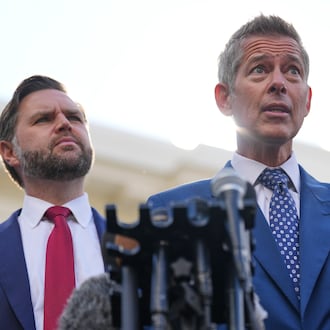 Transportation Secretary Sean Duffy speaks alongside Vice President JD Vance about the impact of the government shutdown on the aviation industry, outside of the West Wing of the White House, Thursday, Oct. 30, 2025, in Washington. (AP Photo/Jacquelyn Martin)
