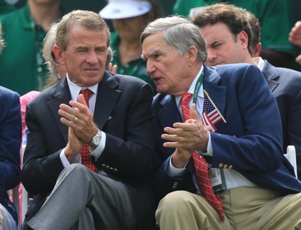PGA Tour Commissioner Tim Finchem and Tom Cousins, founder and chairman emeritus of Cousins Properties Inc., talk before the first round of the tournament. (AJC FILE)