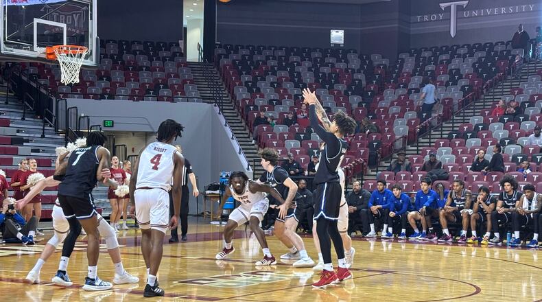 Georgia State's Jelani Hamilton makes a free throw against Troy, Dec. 21, 2024. Hamilton scored 18 in the 77-57 loss. (Photo by Stan Awtrey)