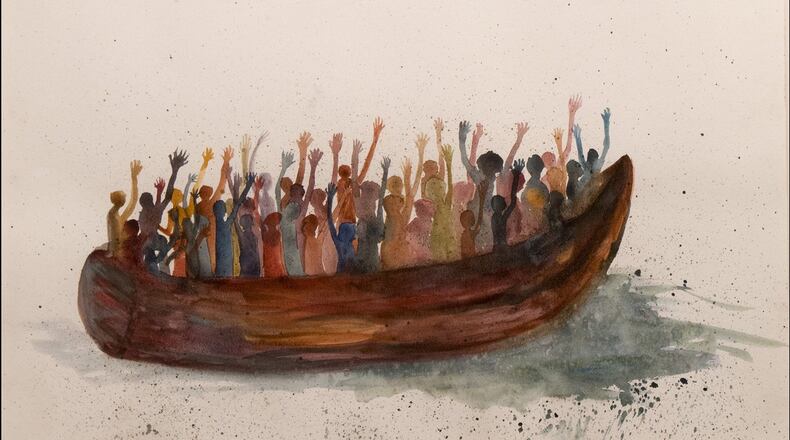 Corrina Sephora Mensoff’s “Across Uncertain Waters” in watercolor on paper is part of the two-person show “Voyages Unforeseen” at Kibbee Gallery.