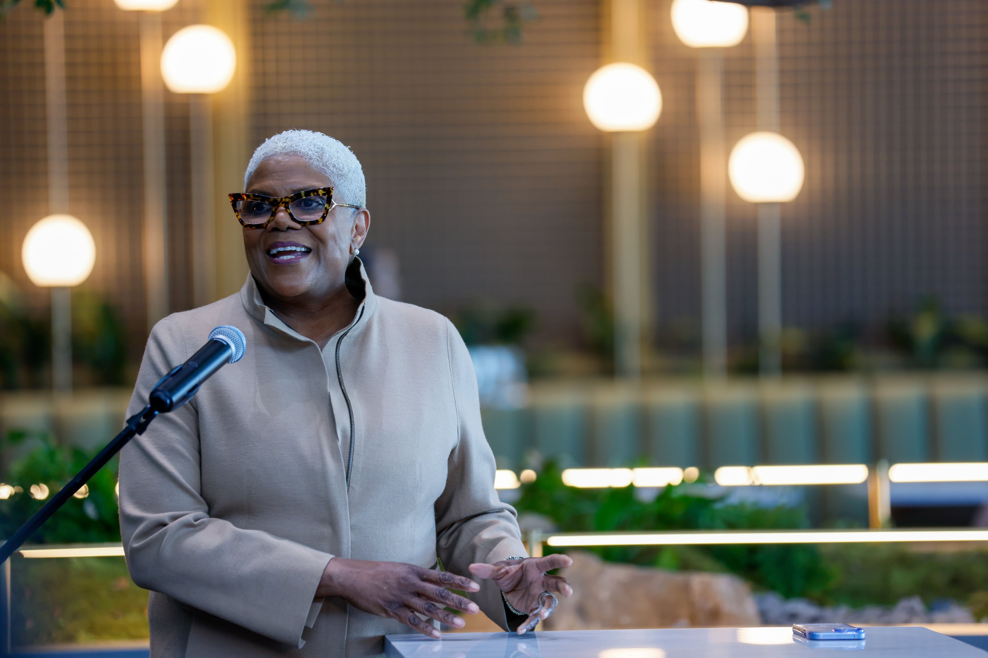 Atlanta-based Chef Deborah VanTrece speaks at the Centurion Lounge at the Hartsfield-Jackson Atlanta International on Tuesday, Feb. 13, 2024. The lounge has a locally-inspired menu curated by VanTrece.
(Miguel Martinez/AJC)
