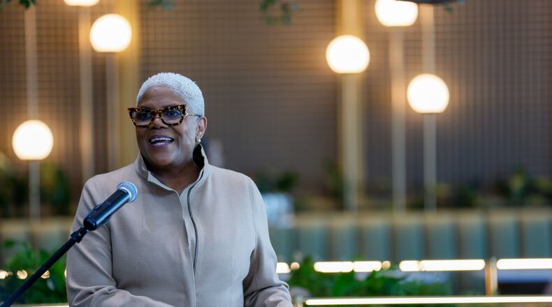 Atlanta-based Chef Deborah VanTrece speaks at the Centurion Lounge at the Hartsfield-Jackson Atlanta International on Tuesday, Feb. 13, 2024. The lounge has a locally-inspired menu curated by VanTrece.
Miguel Martinez /miguel.martinezjimenez@ajc.com