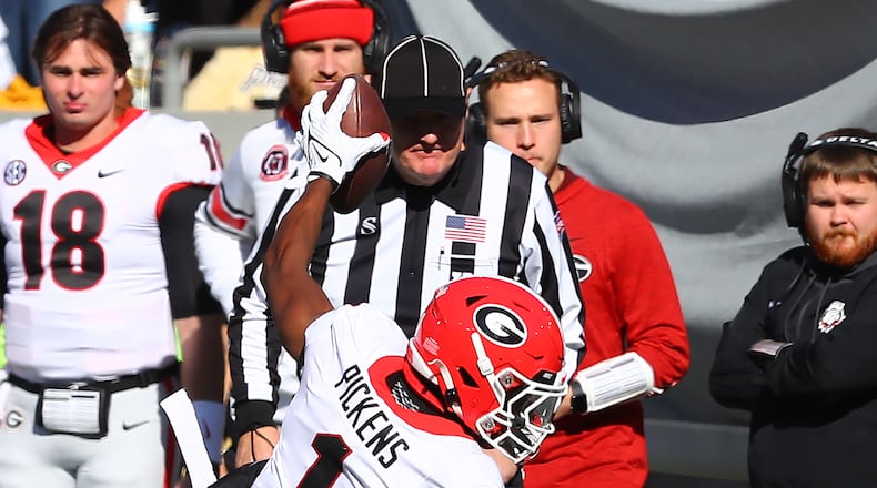 112721 Atlanta: Georgia wide receiver George Pickens gets in the game coming back from an injury for his first reception of the season during the second half against Georgia Tech in a NCAA college football game on Saturday, Nov. 27, 2021, in Atlanta. “Curtis Compton / Curtis.Compton@ajc.com”`