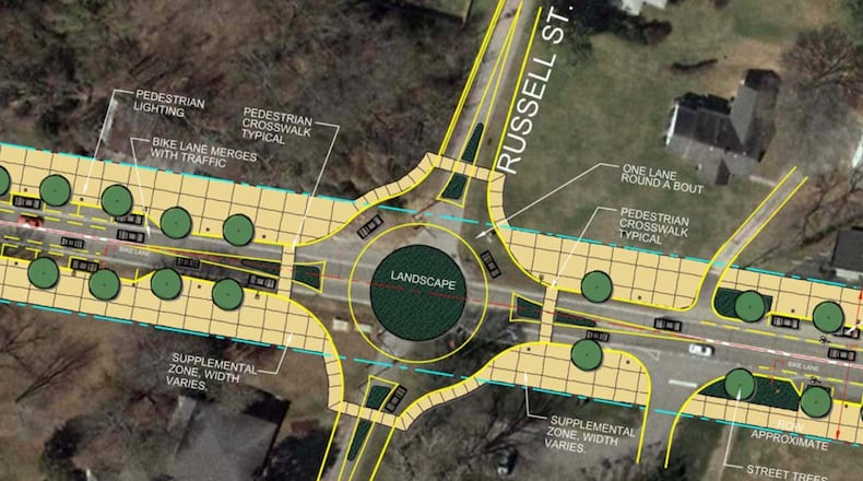 Construction plans for Buford Highway in Suwanee include a roundabout at the intersection of Buford Highway and Russell Street. Courtesy City of Suwanee