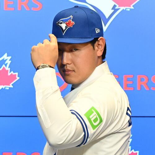 Toronto Blue Jays' Kazuma Okamoto poses during an introductory press conference at Rogers Centre in Toronto, Canada, on Tuesday, Jan. 6, 2026. (Jon Blacker/The Canadian Press via AP)