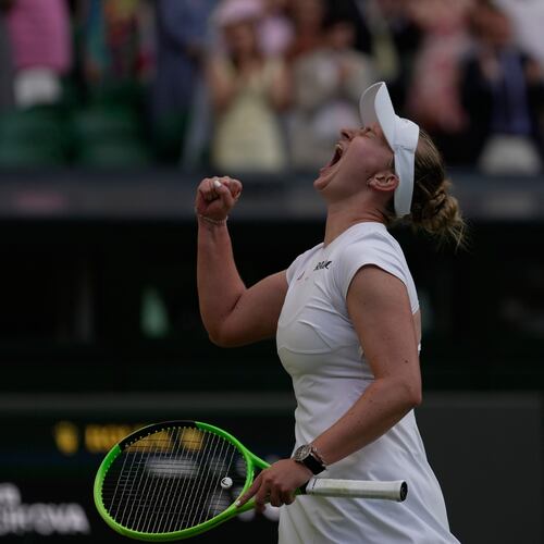Barbora Krejcikova of Czech Republic celebrates her victory against Mirra Andreeva of Russia in their second round women's singles match at the Wimbledon Tennis Championships in London, Wednesday, July 1, 2026. (AP Photo/Brian Inganga)